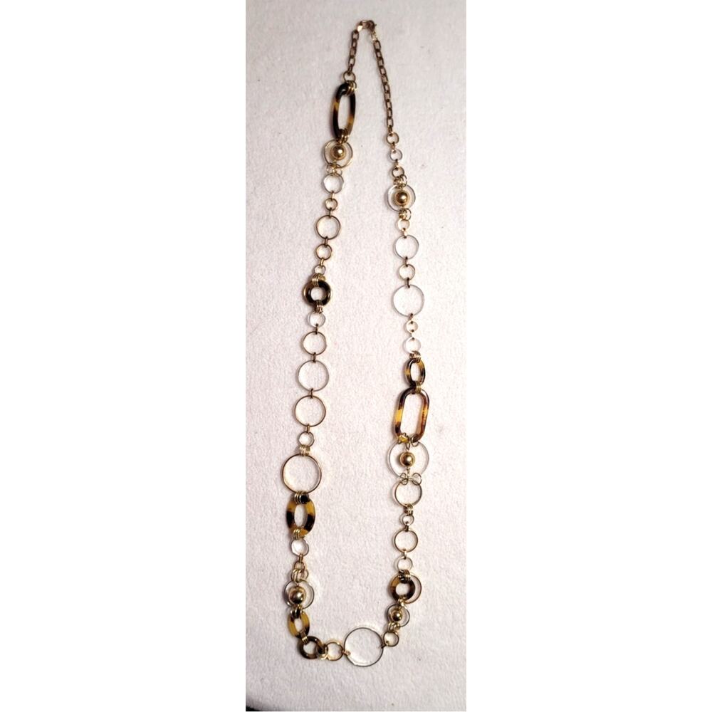 Vtg Two Tone Long Chain Necklace Silver Gold Open Rings Tortoise Shell Links